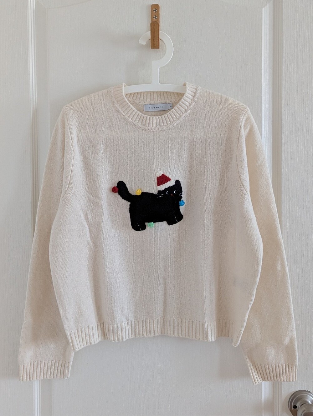 Like New✨100% Wool Christmas Cat Cream Crewneck Sweater